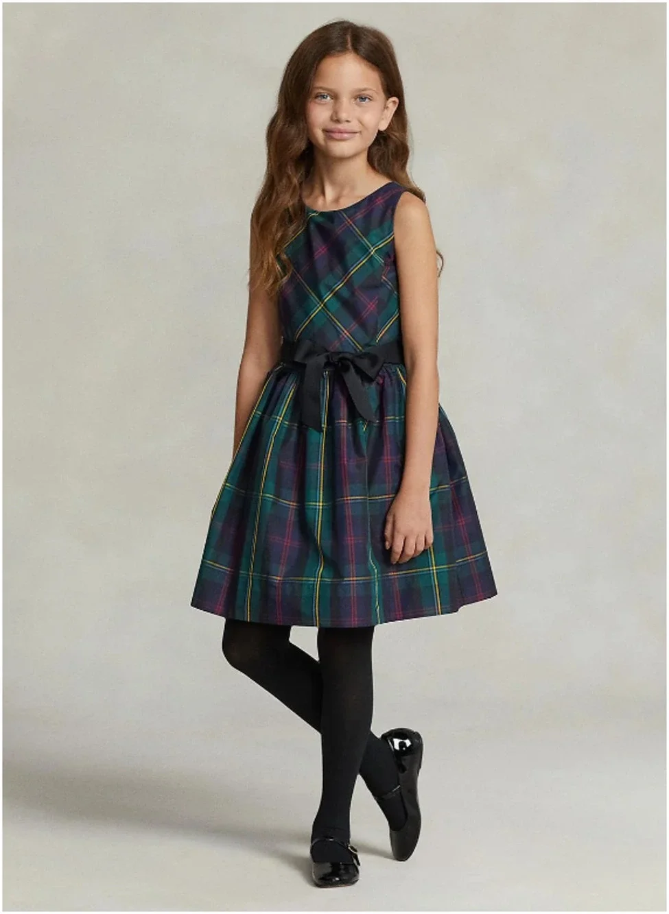Ralph Lauren Girls Dress Sz 12 Green Tartan Plaid Fit Flare Bow Preppy Holiday